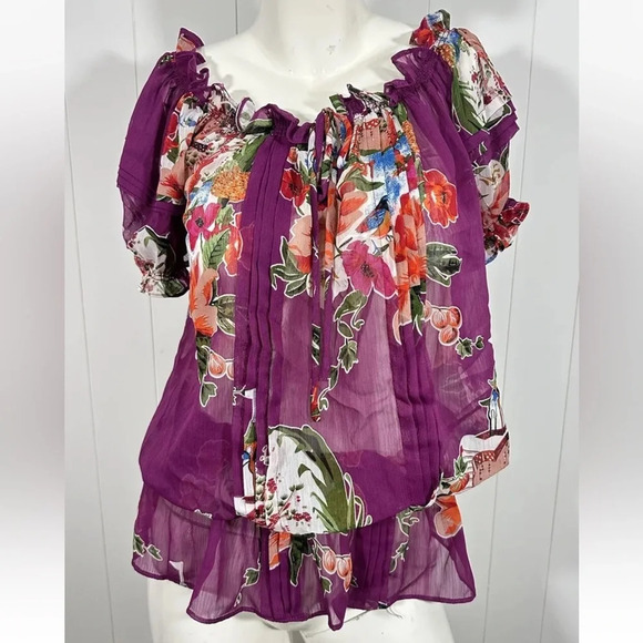 NWT American Rag Floral Off Shoulder Sheer Top Tunic Oversized Fuchsia Sz M - Picture 1 of 10